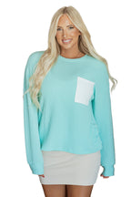 Iceland Blue 3D Ribbed Texture Contrast Patched Pocket Long Sleeve Top