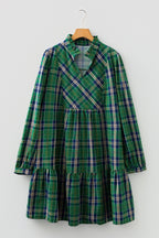 Green Plus Size Plaid Long Sleeve Notched Neck Shift Mini Dress