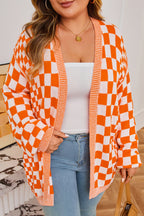 Orange Plus Size Checkered Bubble Sleeve Drop Shoulder Open Cardigan