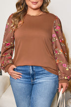 Brown Floral Sleeve Patchwork Round Neck Plus Blouse