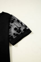 Black Floral Mesh Patchwork Loose V Neck Plus Size T Shirt