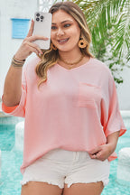 Pink Textured Half Sleeve V Neck Plus Size T Shirt with Chest Pocket