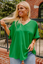 Green Seamed Back High Low Hem V Neck Cuffed Sleeve Plus Size Tee