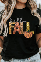 Black Hello Fall Letter Pumpkin Printed Thanksgiving T Shirt