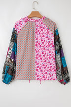 Pink Boho Mixed Floral Drop Shoulder Bubble Sleeve Blouse