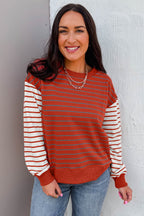 Orange Stripe Contrast Sleeve Patchwork Drop Shoulder Long Sleeve Sweatshirt