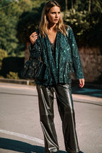 Evergreen Glitter Sequin Open Front Long Sleeve Top