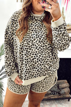 Khaki Plus Size Leopard Loose Pullover Casual Shorts 2pcs Outfit