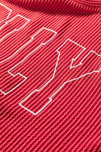 Racing Red Twisted Rib Outlined Merry Letter Graphic Loose Long Sleeve Top