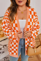 Orange Plus Size Checkered Bubble Sleeve Drop Shoulder Open Cardigan