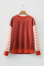 Orange Stripe Contrast Sleeve Patchwork Drop Shoulder Long Sleeve Sweatshirt