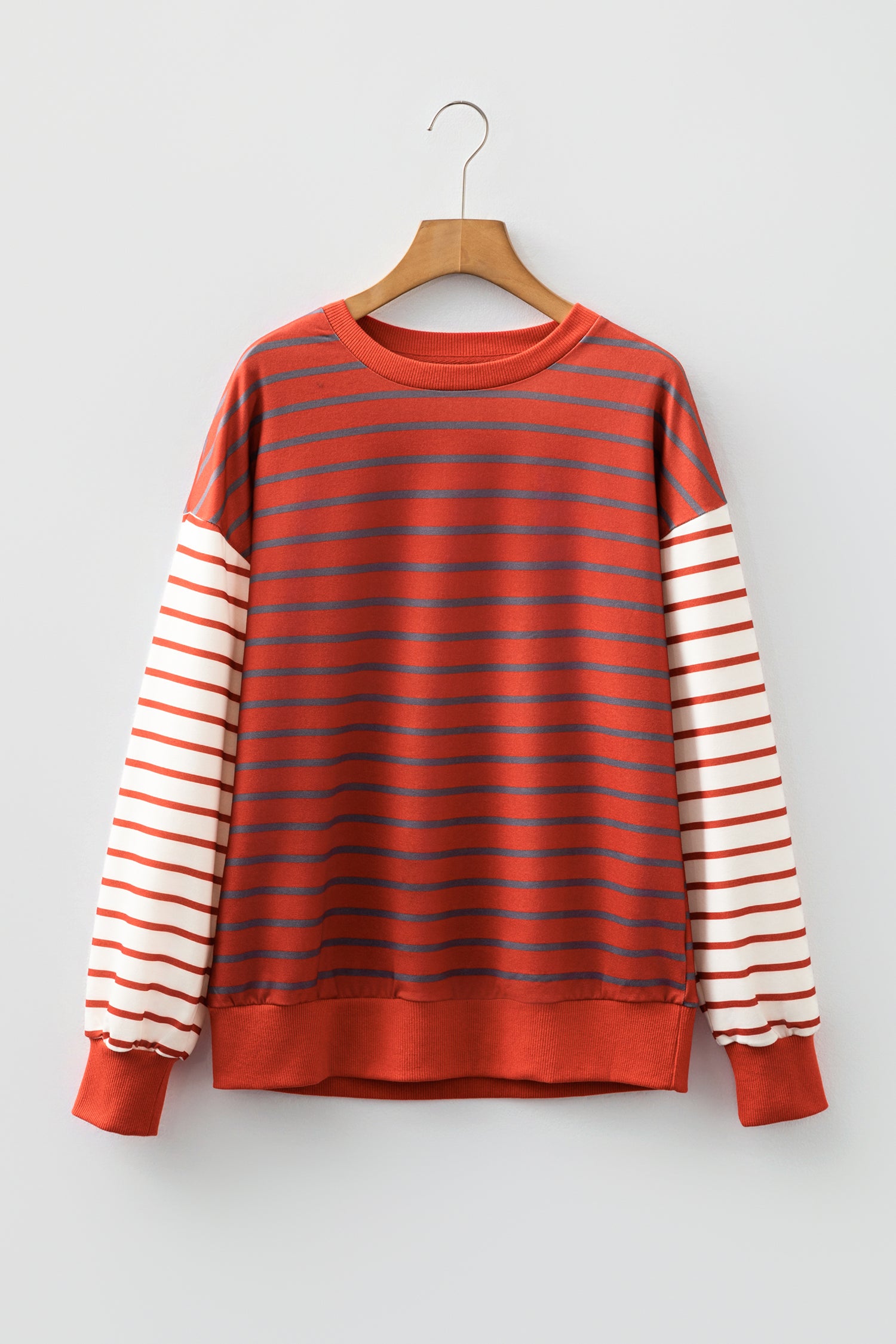 Orange Stripe Contrast Sleeve Patchwork Drop Shoulder Long Sleeve Sweatshirt