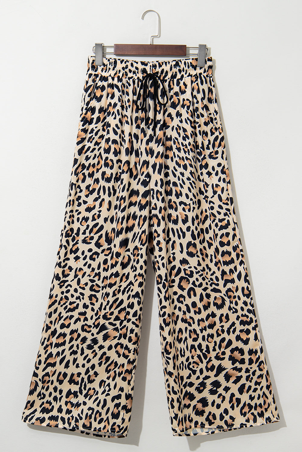 Parchment Leopard Drawstring Elastic Waistband Flowy Wide Leg Pants