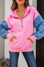 Bonbon Checkered Patchwork Kangaroo Pocket Half Zipper Hoodie