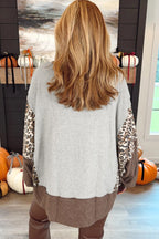 Gray Color Block Leopard Patchwork Dolman Sleeve High Low Baggy Sweatshirt