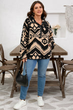 Black Plus Size Western Aztec Pattern Half Button Collared Plush Sweatshirt