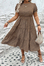 Brown Plus Size Leopard Print Frill Trim Short Sleeve Flared Dress
