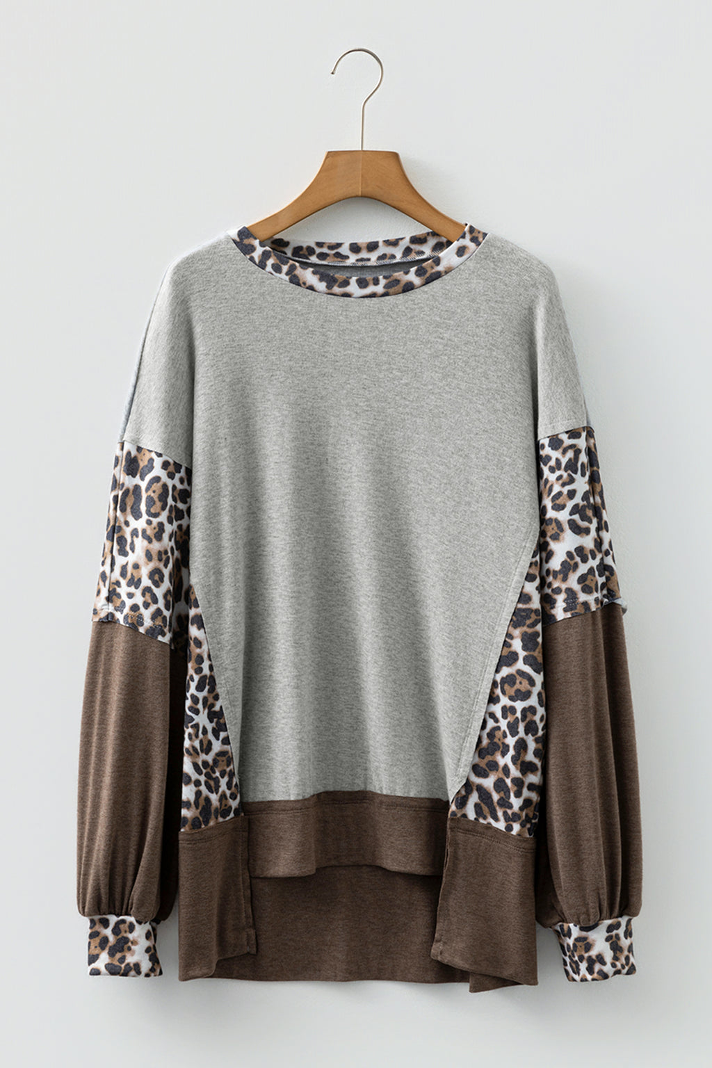 Gray Color Block Leopard Patchwork Dolman Sleeve High Low Baggy Sweatshirt