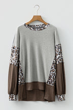 Gray Color Block Leopard Patchwork Dolman Sleeve High Low Baggy Sweatshirt