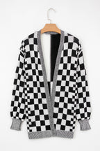 Black Checkered Open Front Drop Shoulder Cardigan