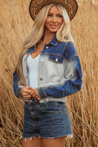 Dusk Blue Color Block Patchwork Flap Detail Distress Denim Jacket